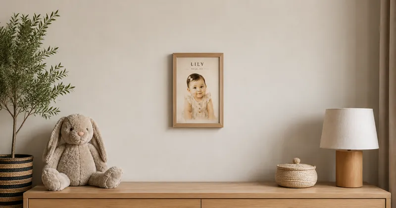 A framed watercolor baby portrait of Lily on a nursery wall