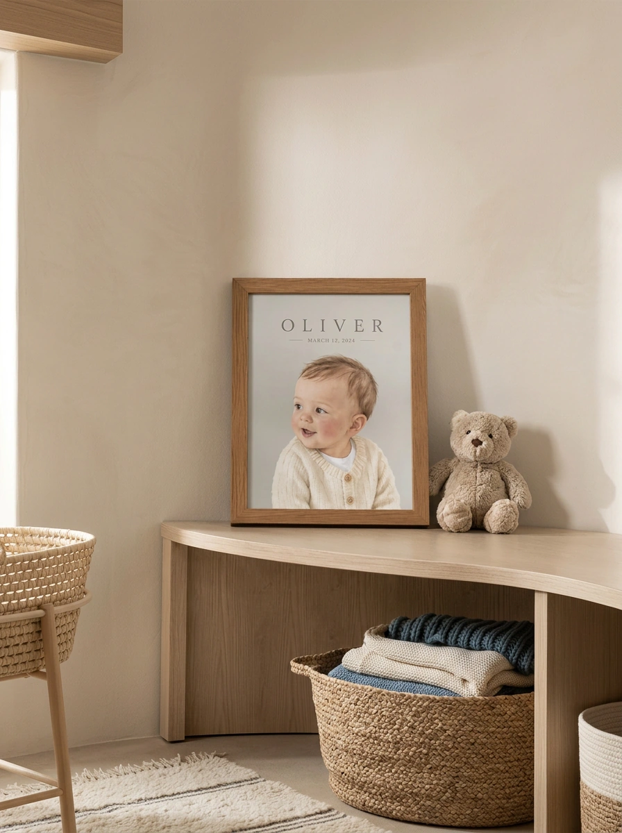 Oliver's illustrated portrait in a natural wood frame on a nursery shelf beside a teddy bear
