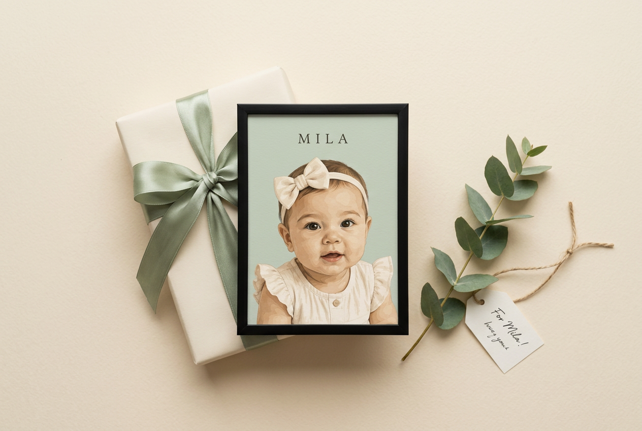 A wrapped framed baby portrait gift with sage ribbon
