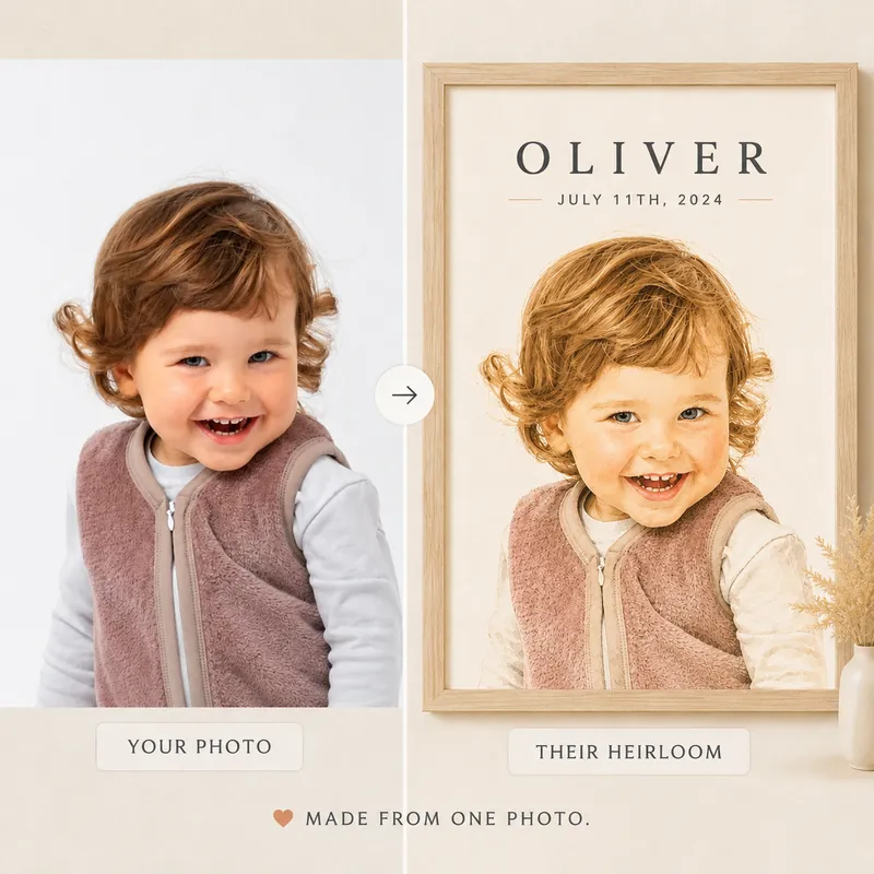 A baby's original photo beside the finished illustrated portrait
