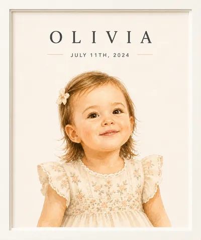 Framed watercolor portrait of Olivia
