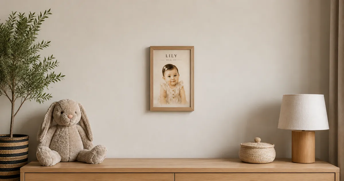 Modern nursery corner with a framed custom baby portrait above a light oak dresser