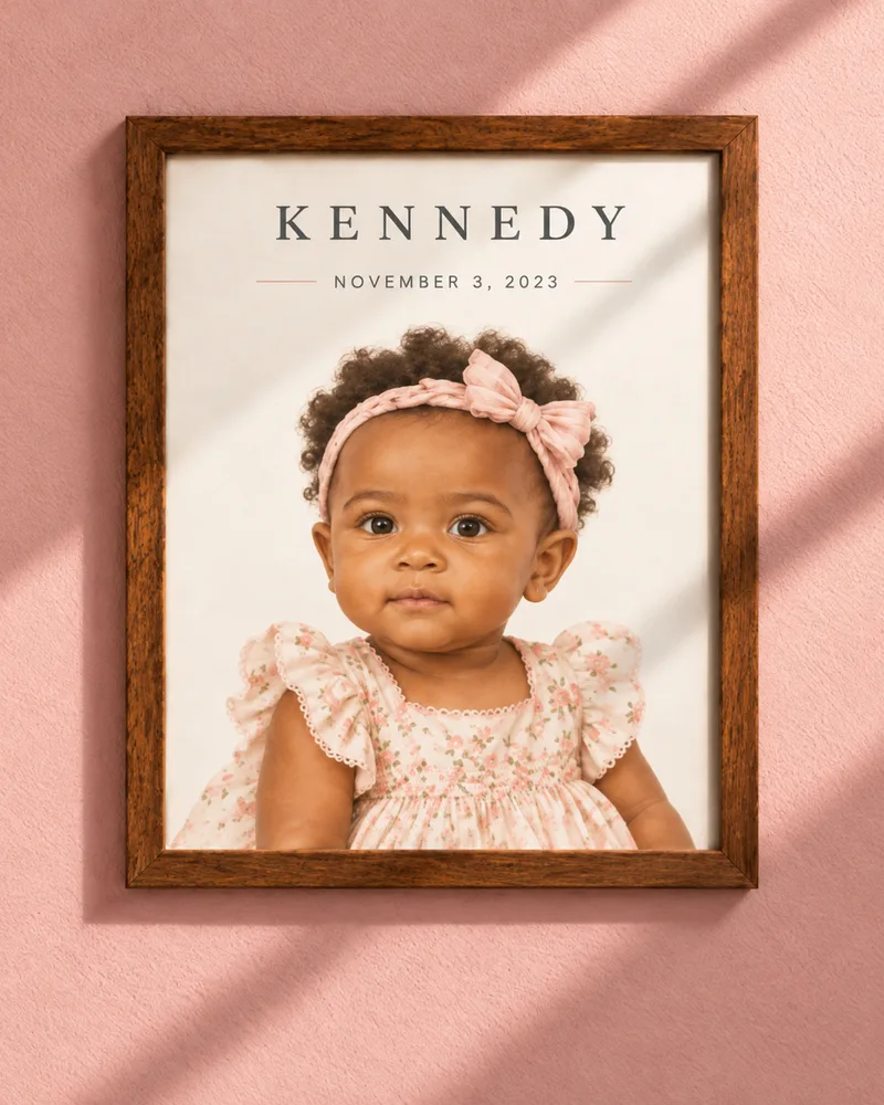 Custom Baby Portrait — Kennedy in a walnut frame on a blush pink wall