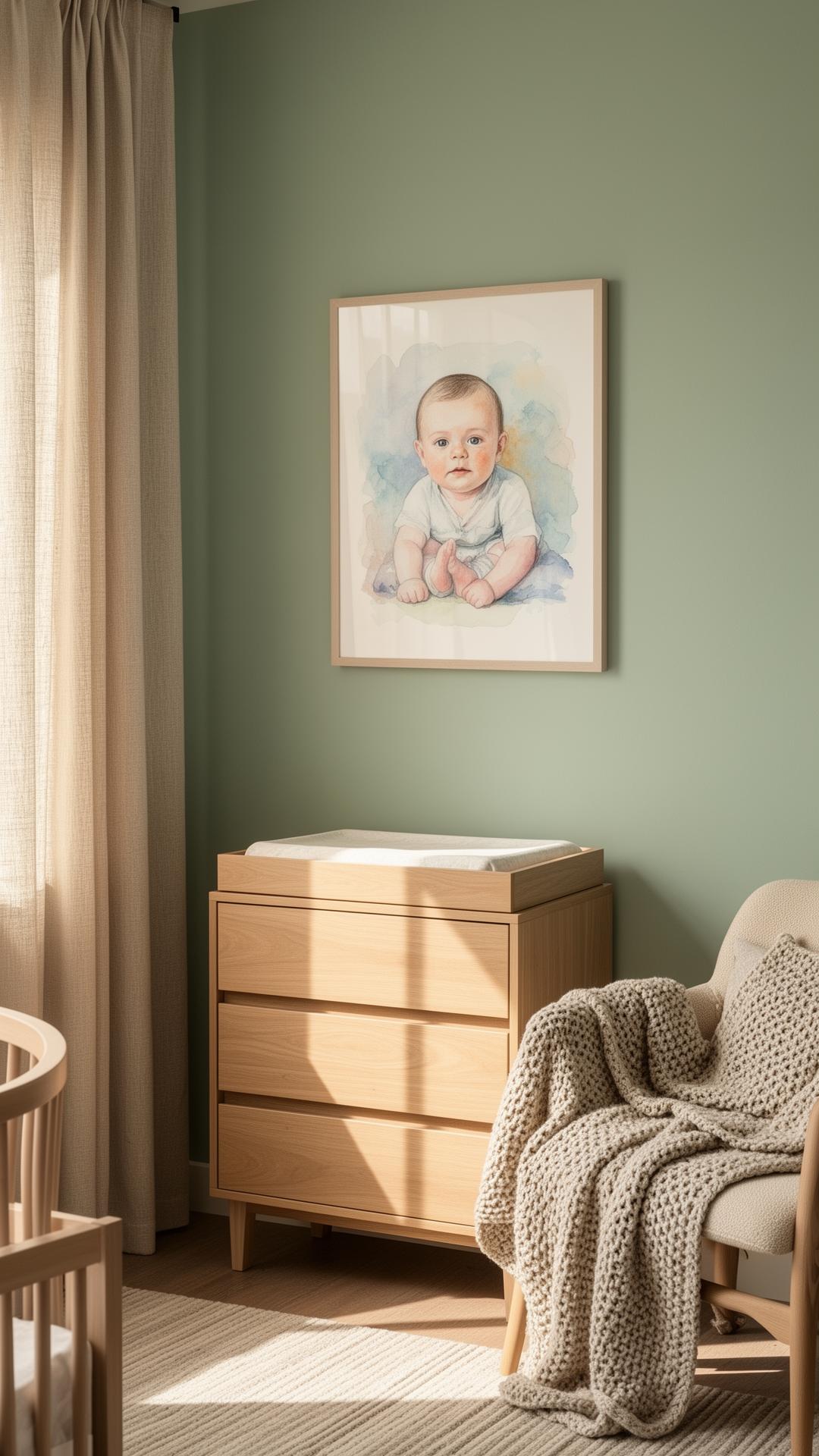 A framed watercolor baby portrait in a modern nursery